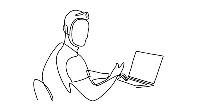 continuous line animation of man with laptop computer