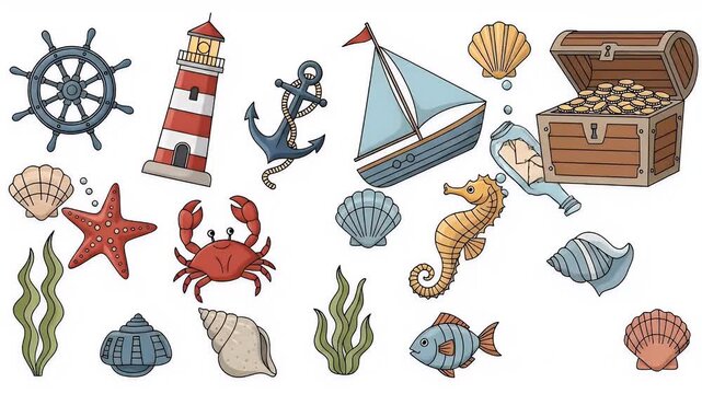 Nautical Elements With Lighthouse Sailboat Anchor And Treasure Chest