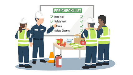 Obraz premium Four workers in hard hats and safety vests discussing a PPE checklist on a whiteboard with safety equipment on a table.