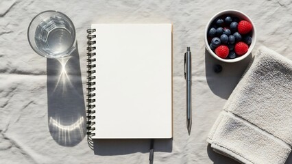Flat lay of a blank spiral notebook, a glass of water, a bowl of fresh berries, a metal pen, and a folded towel on a textured surface.