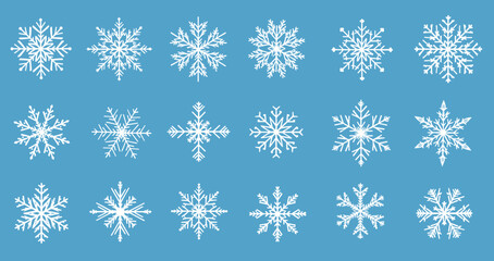 Collection of white winter snowflake icons and decorative cold season symbols vector set on blue background for holiday design
