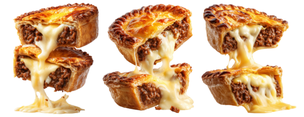 Set of mince and cheese pie with golden brown crust, mashed potato and cheese topping on white background, New Zealand fast food