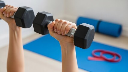 Hands holding black hexagonal dumbbells during an indoor fitness workout on a blue mat.