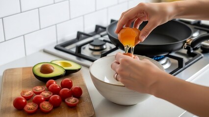 Hands modified softwareing a fresh egg into a white bowl next to halved avocado and cherry tomatoes on a wooden board, preparing breakfast