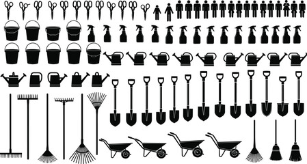 Garden tools silhouette collection with buckets shovels rakes watering cans wheelbarrows and people icons, farming equipment black vector illustration © Ideasy Mind
