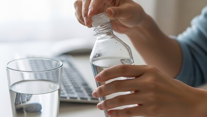 Hands opening a clear plastic water bottle next to a glass of water and a keyboard, suggesting a work break or hydration at a desk.