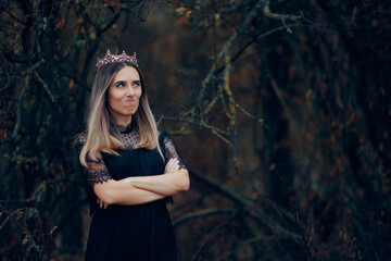 Moody and Unhappy Evil Queen Standing with Arms Crossed. Frustrated villain being dissatisfied with how her plans turn out 
