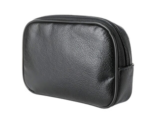Black leather toiletry bag on transparent background