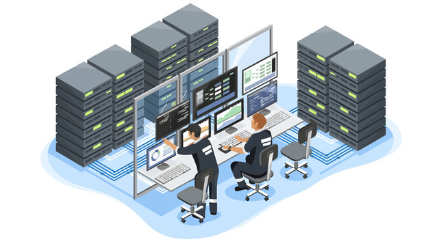Isometric illustration of three IT professionals working together in a data center with computer servers and screens.