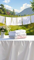 Clean white laundry drying outside, stacked on table