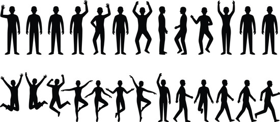 Human silhouette character set showing multiple people poses including standing, walking, jumping and dancing actions isolated on white background