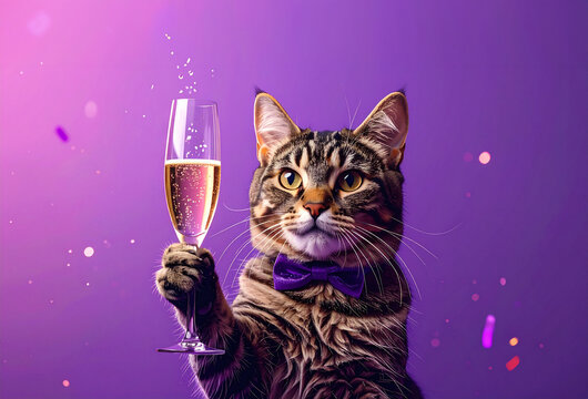 シャンパンで乾杯する猫