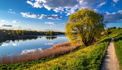 Serene landscape with a river reflecting the cloudy sky. A walking path follows the grassy bank, leading to the water's edge