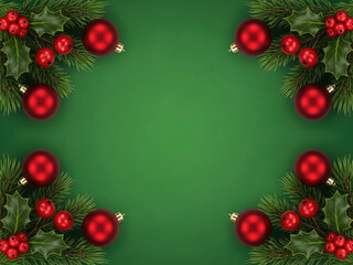 Christmas decoration frame with red ornaments and holly