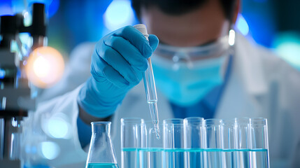 Scientist wearing blue gloves and mask checking liquid sample in glass test tube during medical research in laboratory with blue lit background