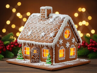 Gingerbread house with icing and snowflake decorations