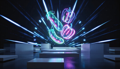 Futuristic Holographic Vegetables with Neon Light and Digital Flow Effect