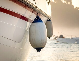 Close-up of a boat with fenders, ocean, and a small boat in background