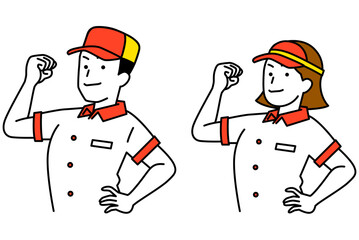 ファストフード店の頼もしい男女の店員　セット