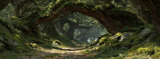 Obraz premium Forest pathway scene with lush green trees and moss covered rocks landscape