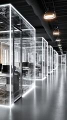 Glass wall with internal white light illumination transparent partition internally lit by pure white glow creating bright interior ambiance