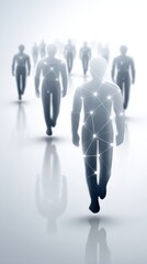 People walking in group of people walking together in organized single file procession