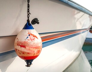 Close-up of a boat's hull with a hanging buoy
