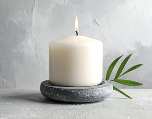 Close-up of a lit white candle in a stone holder with foliage