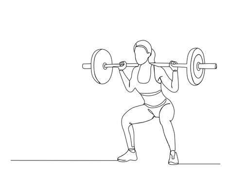 Continuous line art drawing of Woman Performing Barbell Squat. Editable stroke.