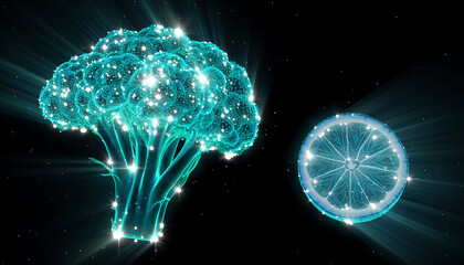 Futuristic Holographic Vegetables with Neon Light and Digital Flow Effect