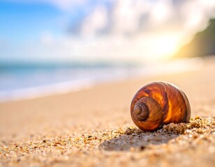 Close-up of a brown seashell on a sandy beach, sunny day