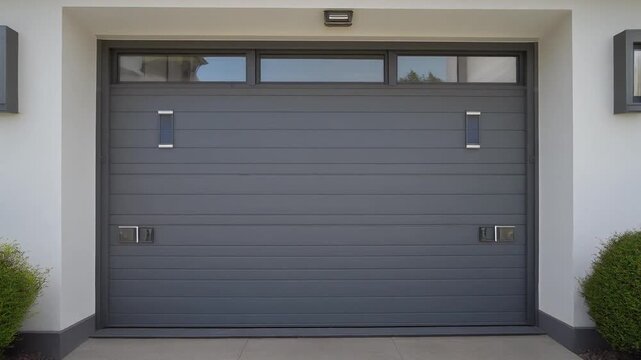 A closed, modern, dark gray, panel garage door with windows at the top and silver handles on the sides