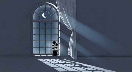 Moonlight Streams Through Arched Window Illuminating Room with Plant.