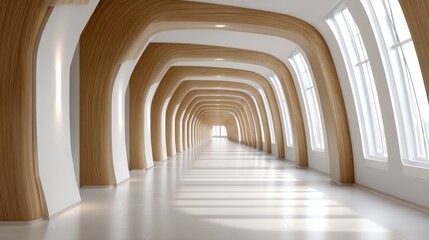 Long hallway with wooden wall extended passage featuring lengthy wooden wall architectural perspective of interior space