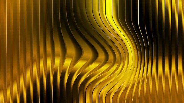 Golden abstract wave pattern with striped curves in bright yellow and black shimmering texture motion background design, 4k three dimensional displacement metallic gold animation