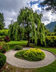Serene landscape with a weeping tree in a Japanese-inspired garden, featuring a raked gravel circle and lush greenery