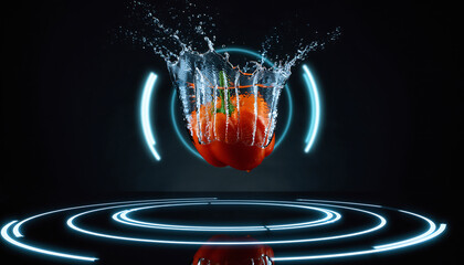 Orange Bell Pepper Splashing in Water - Freeze Motion with Luxury Lighting