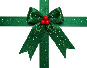 Close-up of a festive green ribbon bow with decorative red berries