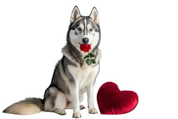Fototapeta premium Husky sits with a red rose in its mouth and a red heartshaped pillow beside it set against a black background