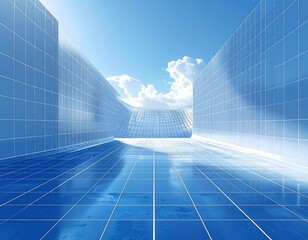 Surreal, tiled corridor leads towards blue sky and fluffy clouds