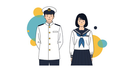 Male and female students wearing traditional navy blue and white Japanese school uniforms and smiling in front of an abstract background.