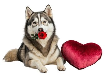Fototapeta premium Husky with a red rose in its mouth next to a red heartshaped pillow against a black backdrop