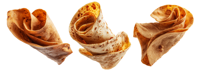 Set of tortillas or roti wraps, isolated on white background, concept of traditional food