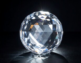 Close-up of a sparkling, faceted, spherical crystal against black