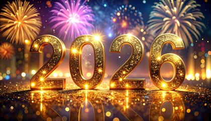 2022 New Year Celebration - Golden Numbers On Glitter With Fireworks And Abstract Defocused Lights.