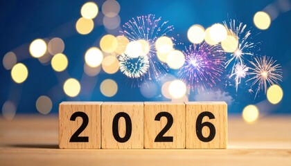 2023 New Year Celebration - Wooden Number Blocks And Fireworks At Blue Eve Night With Abstract Defocused Lights.