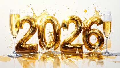 2026 - New Year Celebration - Golden Numbers With Champagne.