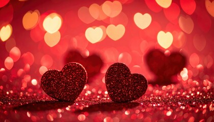 Abstract Defocused Valentines Card With Red Hearts On Shiny Glitter
