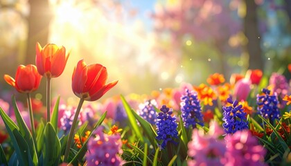 Abstract Defocused Spring Background - Tulips And Hyacinth Flowers In Sunny Field.