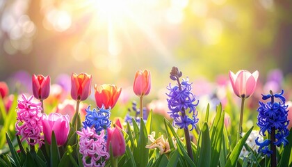 Abstract Defocused Spring Background - Tulips And Hyacinth Flowers In Sunny Field.